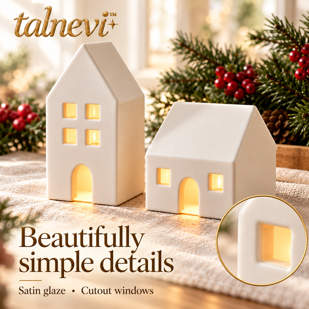 talnevi™ Ceramic Christmas Village Houses, Set of 2, Battery Operated LED Light-Up Tabletop Holiday Decor