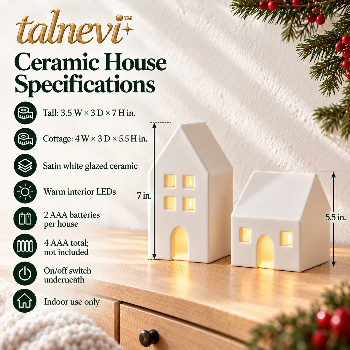 talnevi™ Ceramic Christmas Village Houses, Set of 2, Battery Operated LED Light-Up Tabletop Holiday Decor