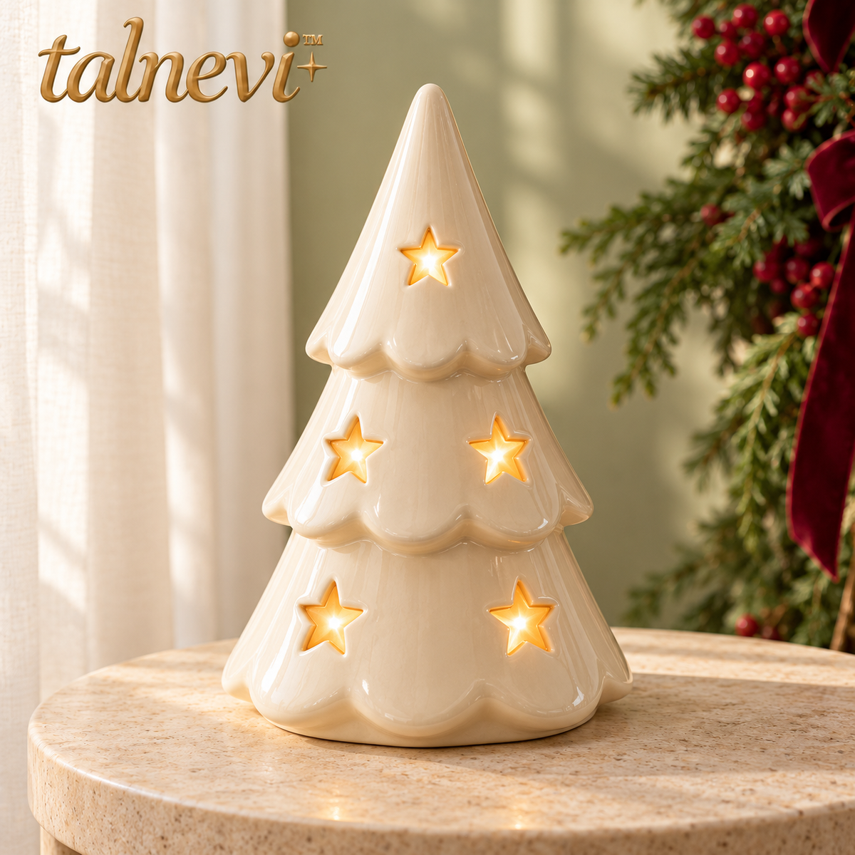 talnevi™ Light-Up Ceramic Christmas Tree, 10 Inch, Cutout Star Design, Battery Operated LED Tabletop Decoration