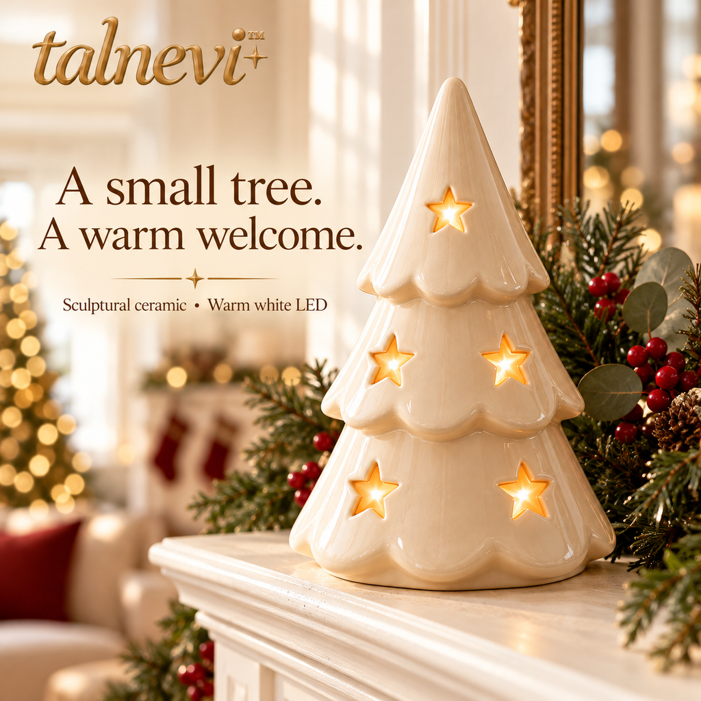 talnevi™ Light-Up Ceramic Christmas Tree, 10 Inch, Cutout Star Design, Battery Operated LED Tabletop Decoration