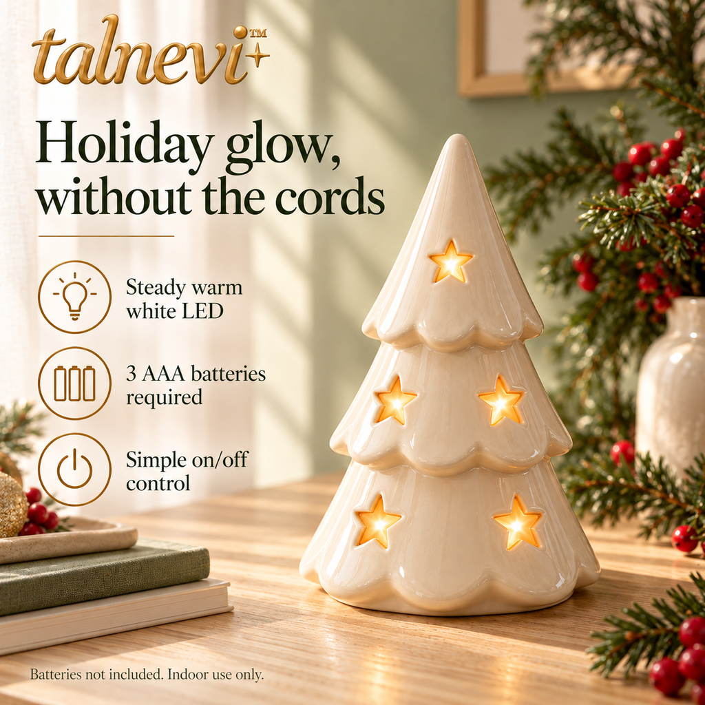 talnevi™ Light-Up Ceramic Christmas Tree, 10 Inch, Cutout Star Design, Battery Operated LED Tabletop Decoration