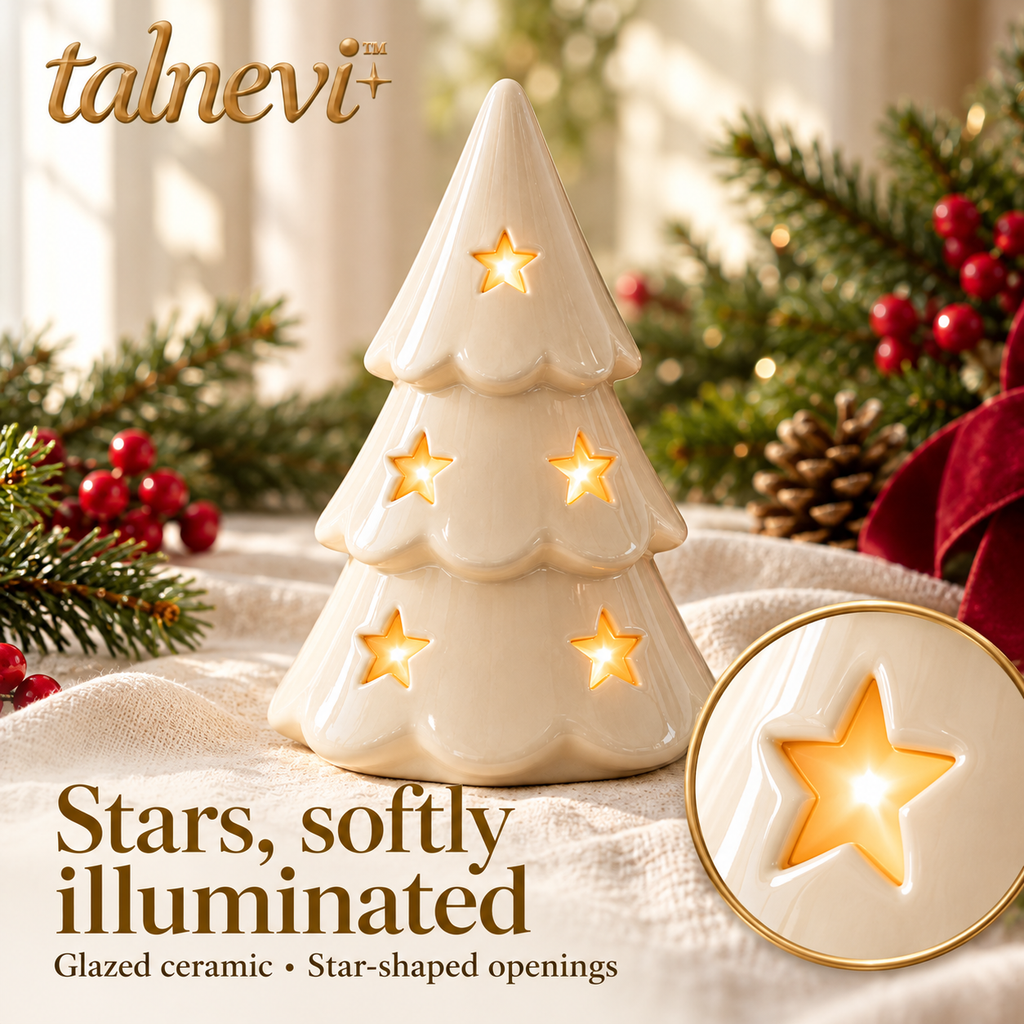 talnevi™ Light-Up Ceramic Christmas Tree, 10 Inch, Cutout Star Design, Battery Operated LED Tabletop Decoration