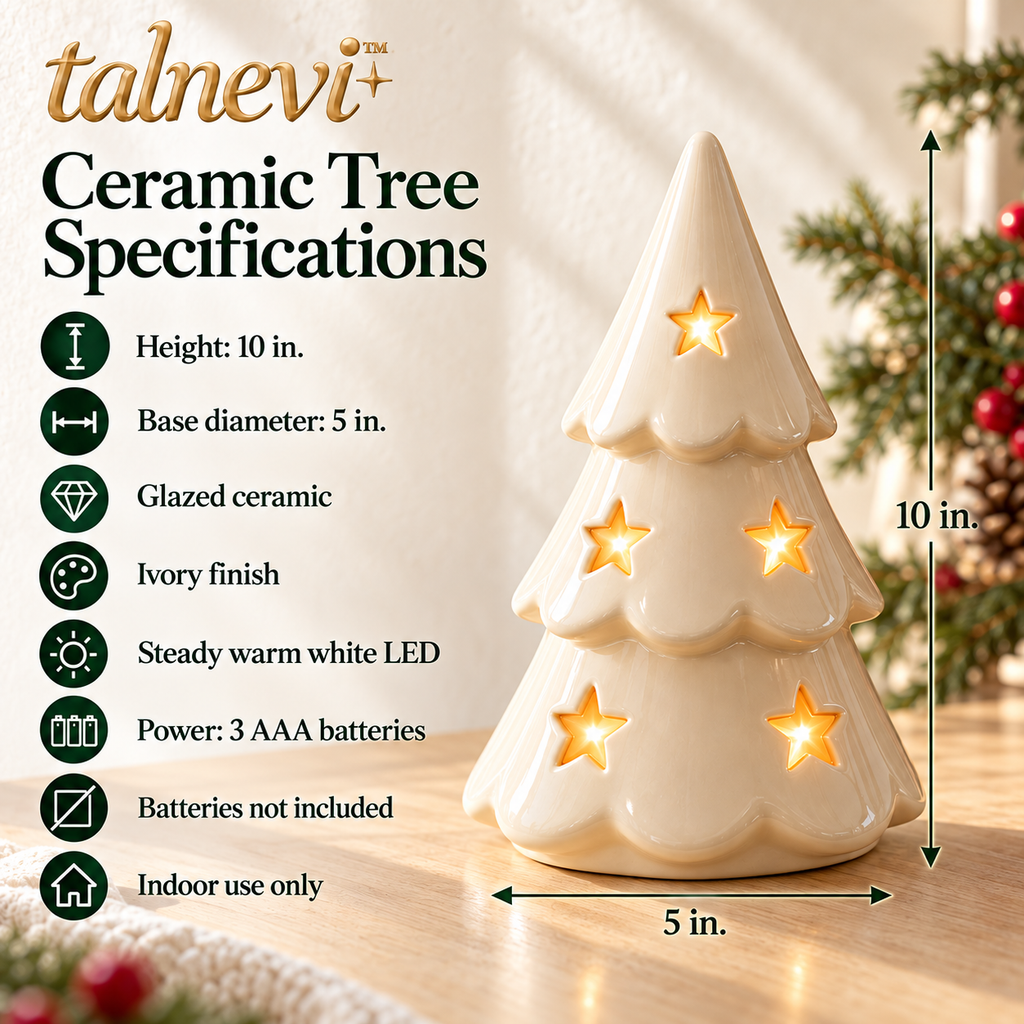 talnevi™ Light-Up Ceramic Christmas Tree, 10 Inch, Cutout Star Design, Battery Operated LED Tabletop Decoration
