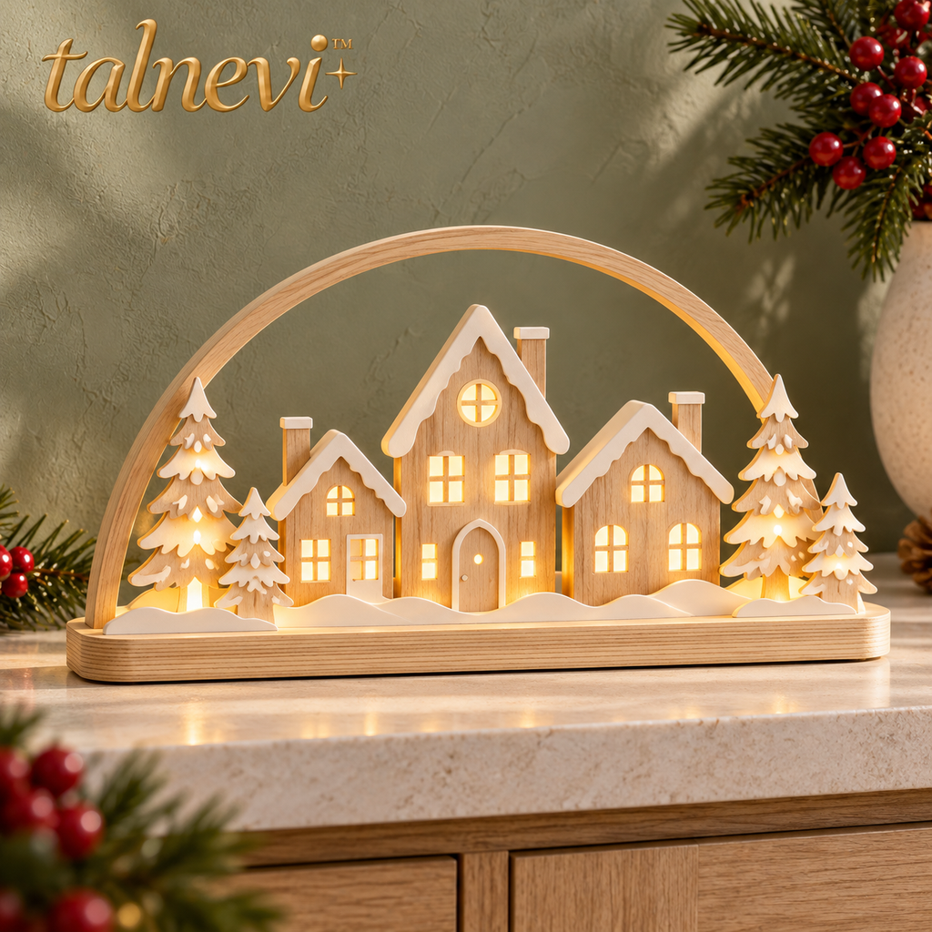 talnevi™ Wooden Christmas Village LED Scene, 12 Inch Tabletop Display, Layered Houses & Trees, Battery Operated