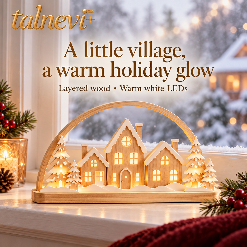 talnevi™ Wooden Christmas Village LED Scene, 12 Inch Tabletop Display, Layered Houses & Trees, Battery Operated