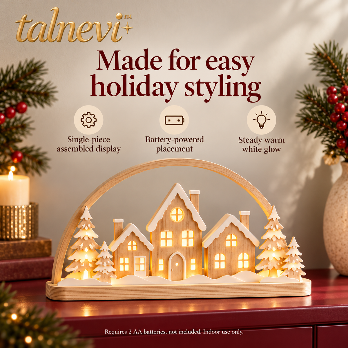 talnevi™ Wooden Christmas Village LED Scene, 12 Inch Tabletop Display, Layered Houses & Trees, Battery Operated