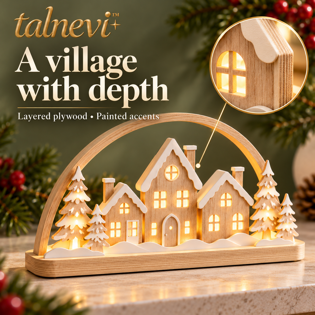 talnevi™ Wooden Christmas Village LED Scene, 12 Inch Tabletop Display, Layered Houses & Trees, Battery Operated