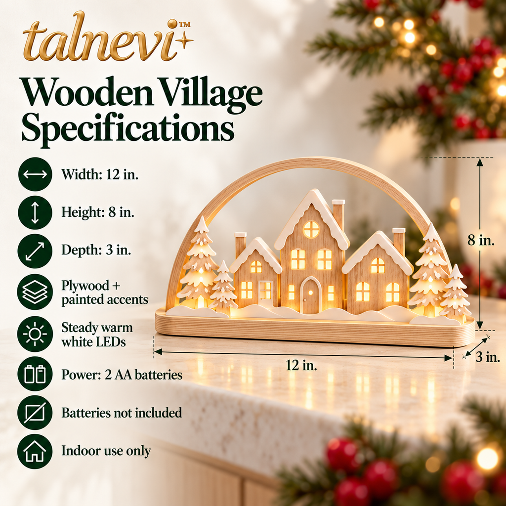 talnevi™ Wooden Christmas Village LED Scene, 12 Inch Tabletop Display, Layered Houses & Trees, Battery Operated