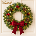talnevi™ Pre-Lit Christmas Wreath, 24 Inch, Artificial Pine with Red Berries, Pinecones & Burgundy Bow