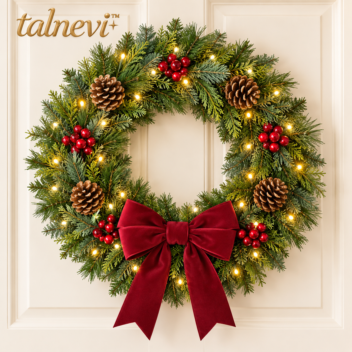 talnevi™ Pre-Lit Christmas Wreath, 24 Inch, Artificial Pine with Red Berries, Pinecones & Burgundy Bow