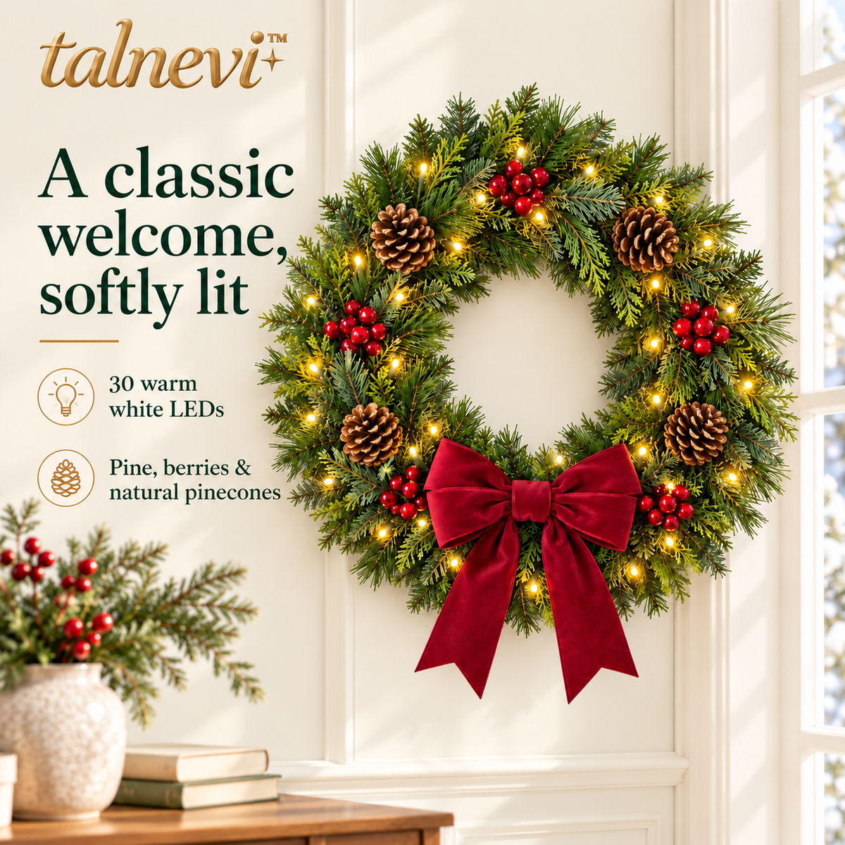 talnevi™ Pre-Lit Christmas Wreath, 24 Inch, Artificial Pine with Red Berries, Pinecones & Burgundy Bow