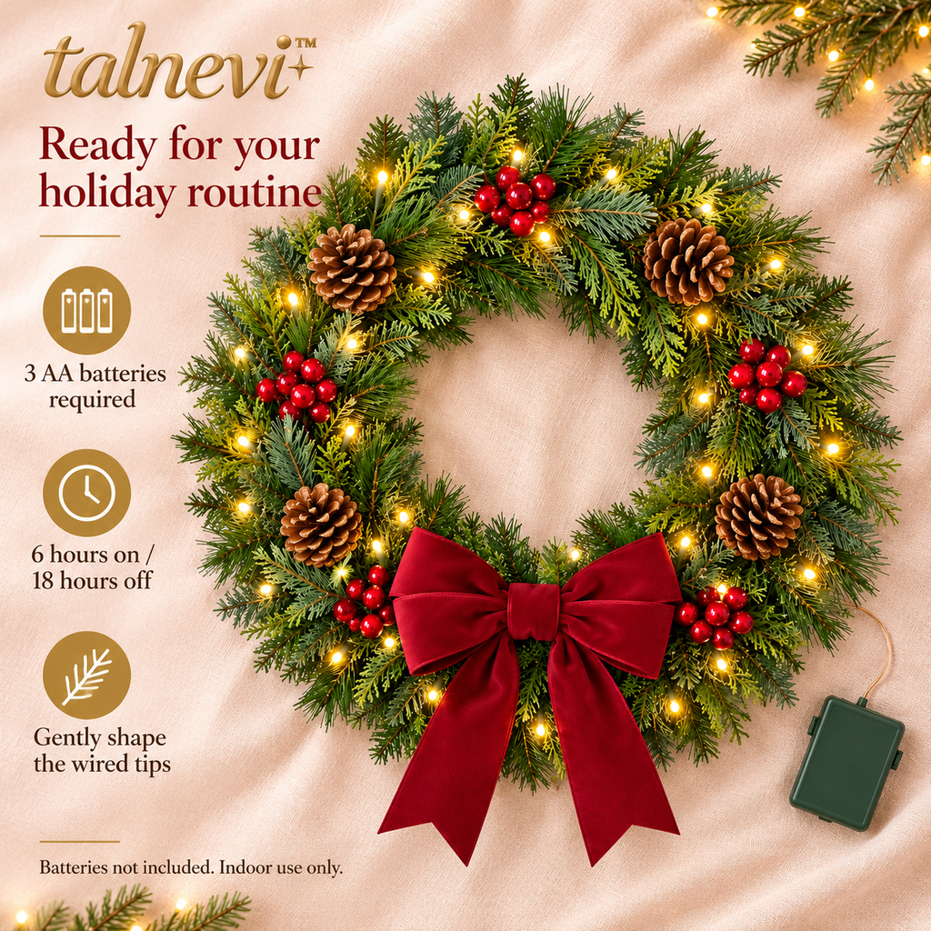 talnevi™ Pre-Lit Christmas Wreath, 24 Inch, Artificial Pine with Red Berries, Pinecones & Burgundy Bow