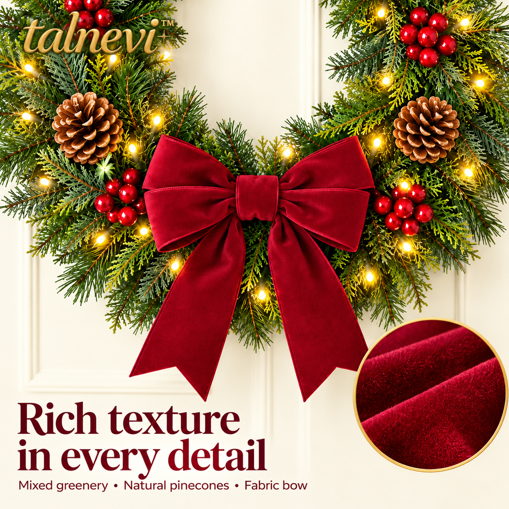 talnevi™ Pre-Lit Christmas Wreath, 24 Inch, Artificial Pine with Red Berries, Pinecones & Burgundy Bow
