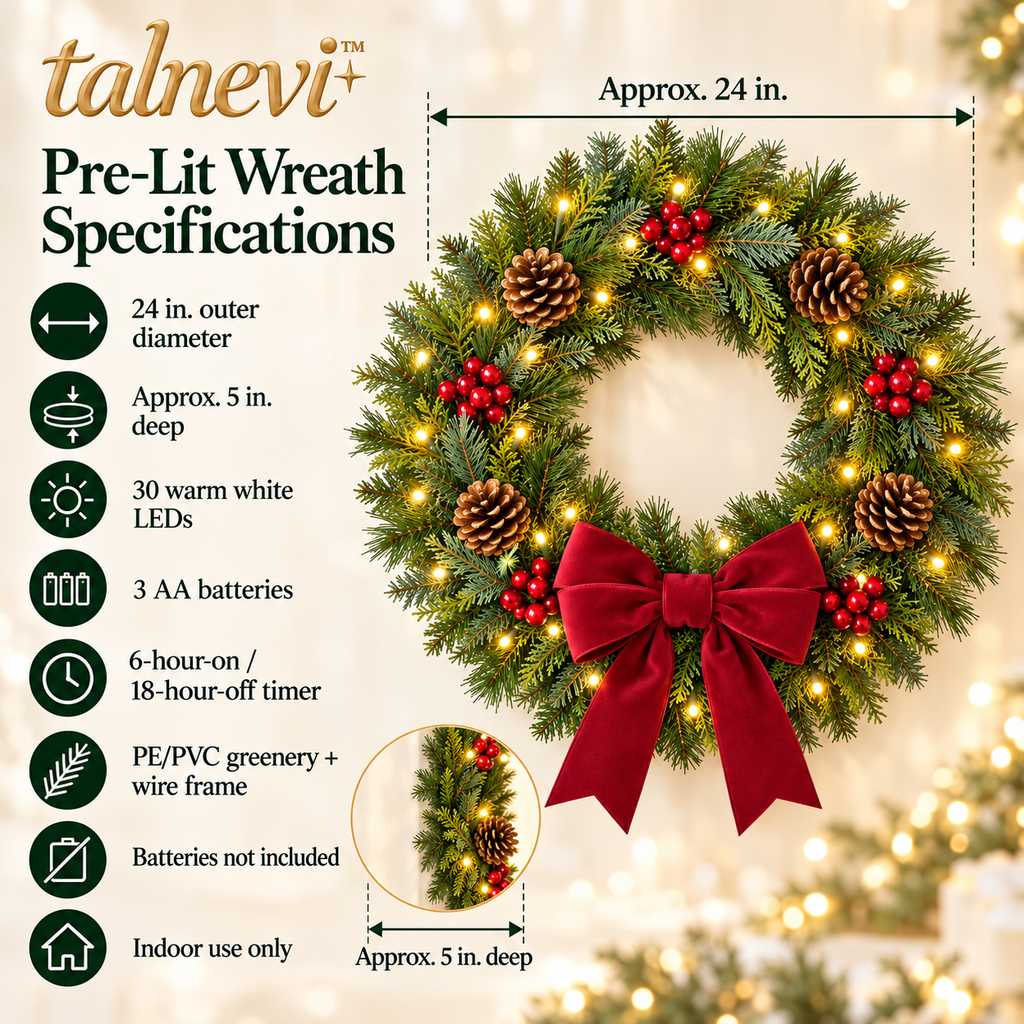talnevi™ Pre-Lit Christmas Wreath, 24 Inch, Artificial Pine with Red Berries, Pinecones & Burgundy Bow