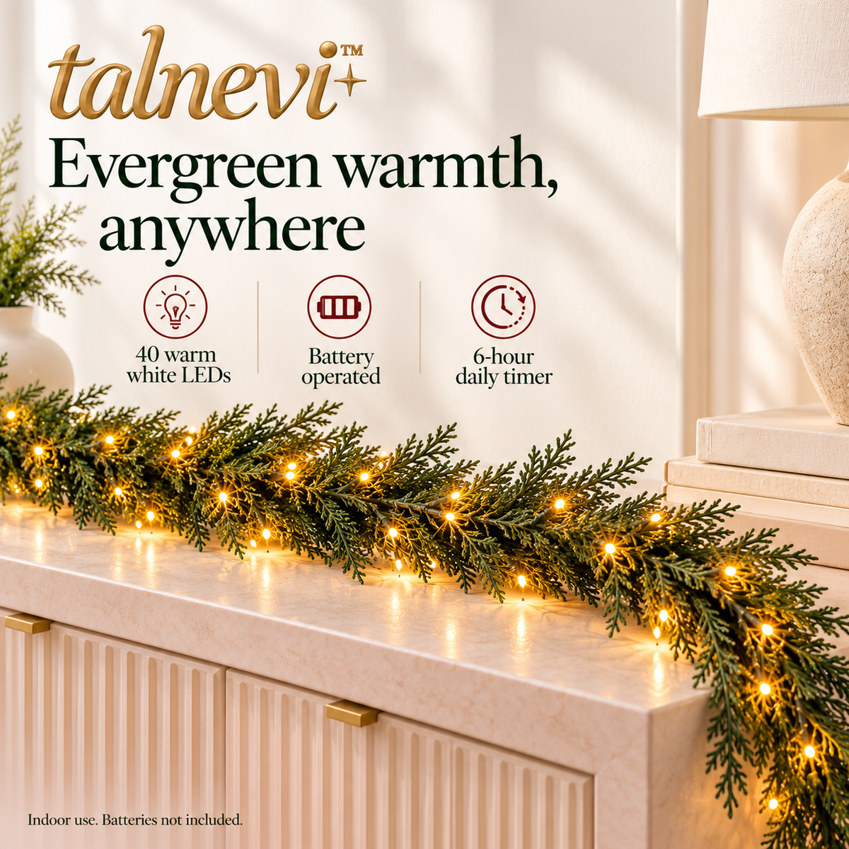 talnevi™ Pre-Lit Artificial Cedar Christmas Garland, 6 ft, 40 Warm White LEDs, Indoor Mantel & Stair Railing Decor