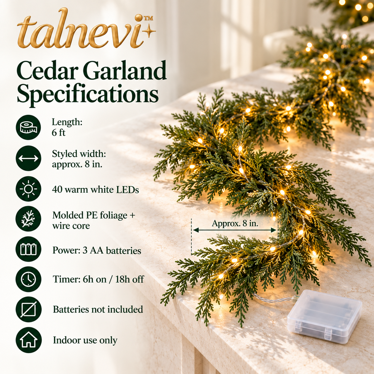 talnevi™ Pre-Lit Artificial Cedar Christmas Garland, 6 ft, 40 Warm White LEDs, Indoor Mantel & Stair Railing Decor