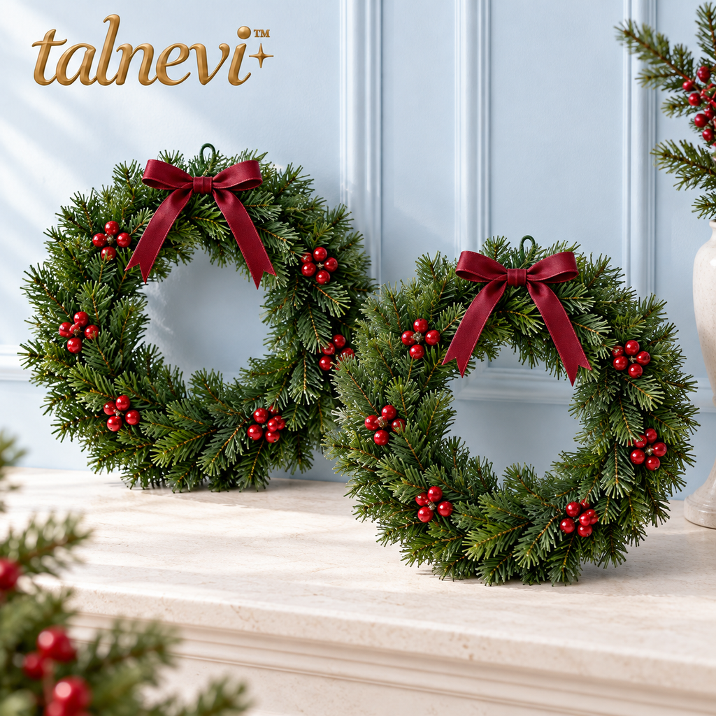 talnevi™ Mini Christmas Wreaths, Set of 2, 12 Inch Artificial Greenery with Burgundy Ribbon, Indoor Cabinet & Window Decor