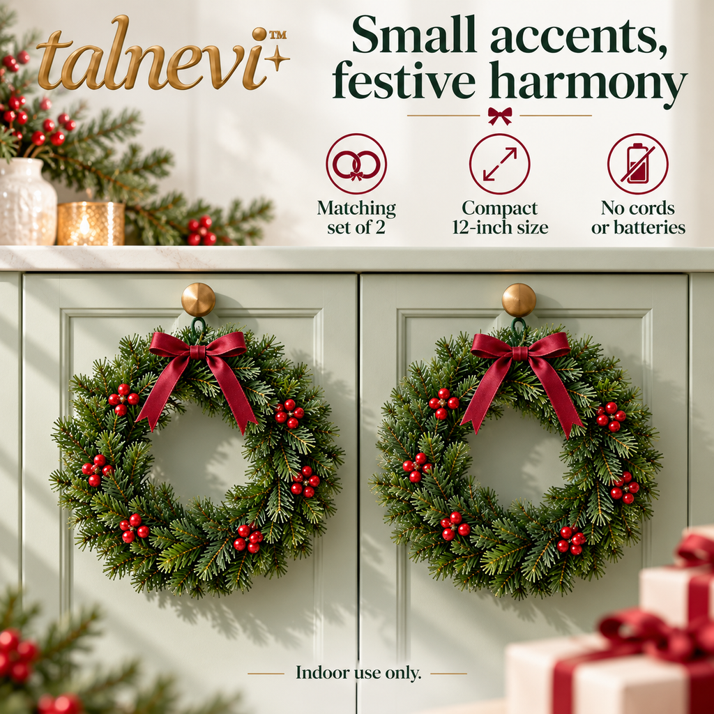 talnevi™ Mini Christmas Wreaths, Set of 2, 12 Inch Artificial Greenery with Burgundy Ribbon, Indoor Cabinet & Window Decor