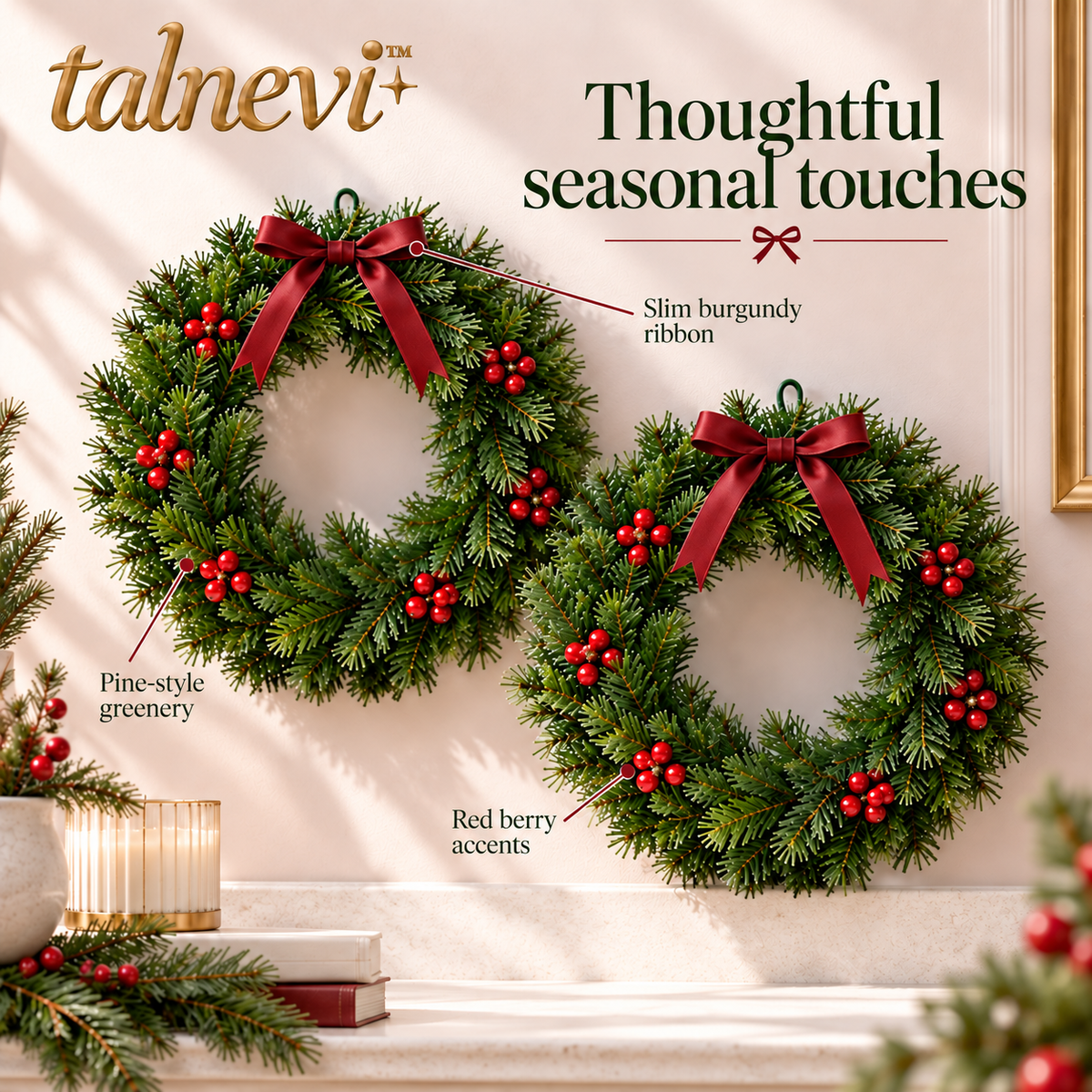 talnevi™ Mini Christmas Wreaths, Set of 2, 12 Inch Artificial Greenery with Burgundy Ribbon, Indoor Cabinet & Window Decor