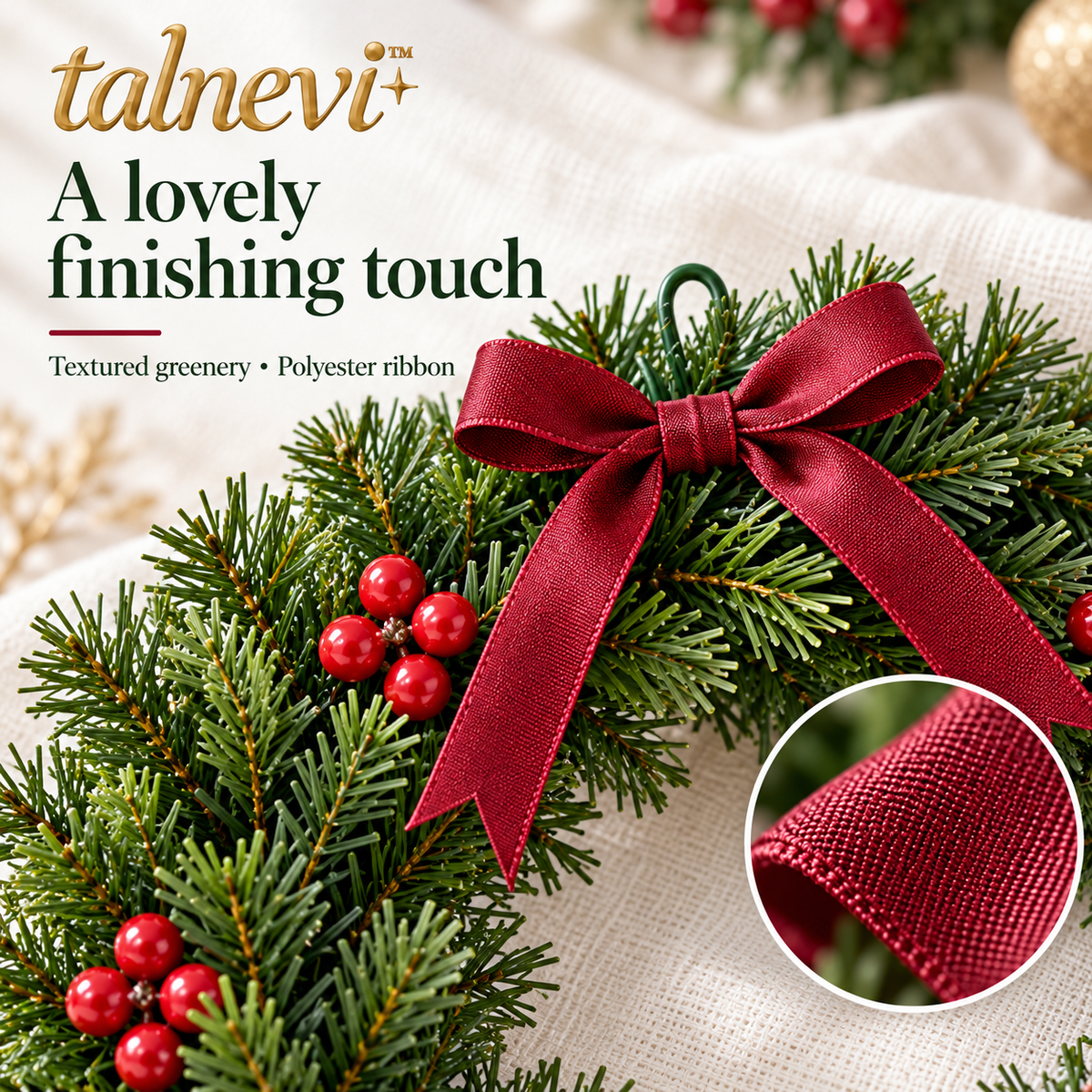 talnevi™ Mini Christmas Wreaths, Set of 2, 12 Inch Artificial Greenery with Burgundy Ribbon, Indoor Cabinet & Window Decor