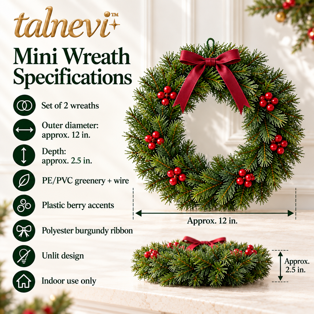 talnevi™ Mini Christmas Wreaths, Set of 2, 12 Inch Artificial Greenery with Burgundy Ribbon, Indoor Cabinet & Window Decor
